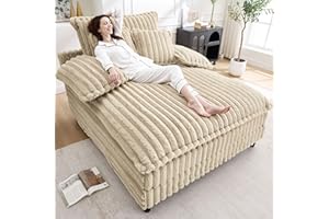 WESTSETLUX 54.8" W Oversized Chaise Lounge Chair Indoor with 5-Position Adjustable Backrest, Plush Sleeper Sofa Bed with Pillows, Upholstered Cloud Couch Chair for Living Room, Study Room, Khaki