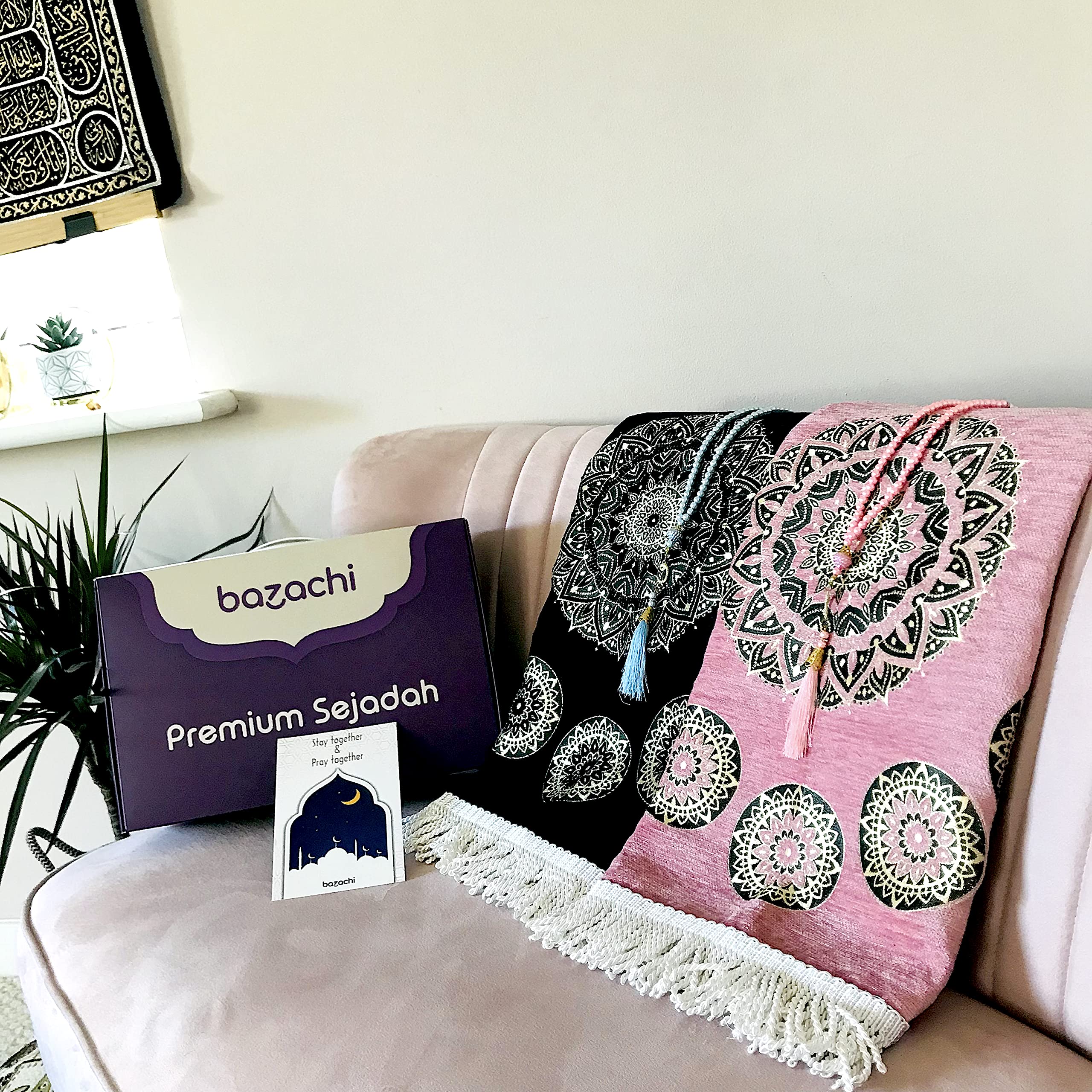 bazachi Couples Prayer Mats with Tasbih and Gift Packaging (Pink & Black)