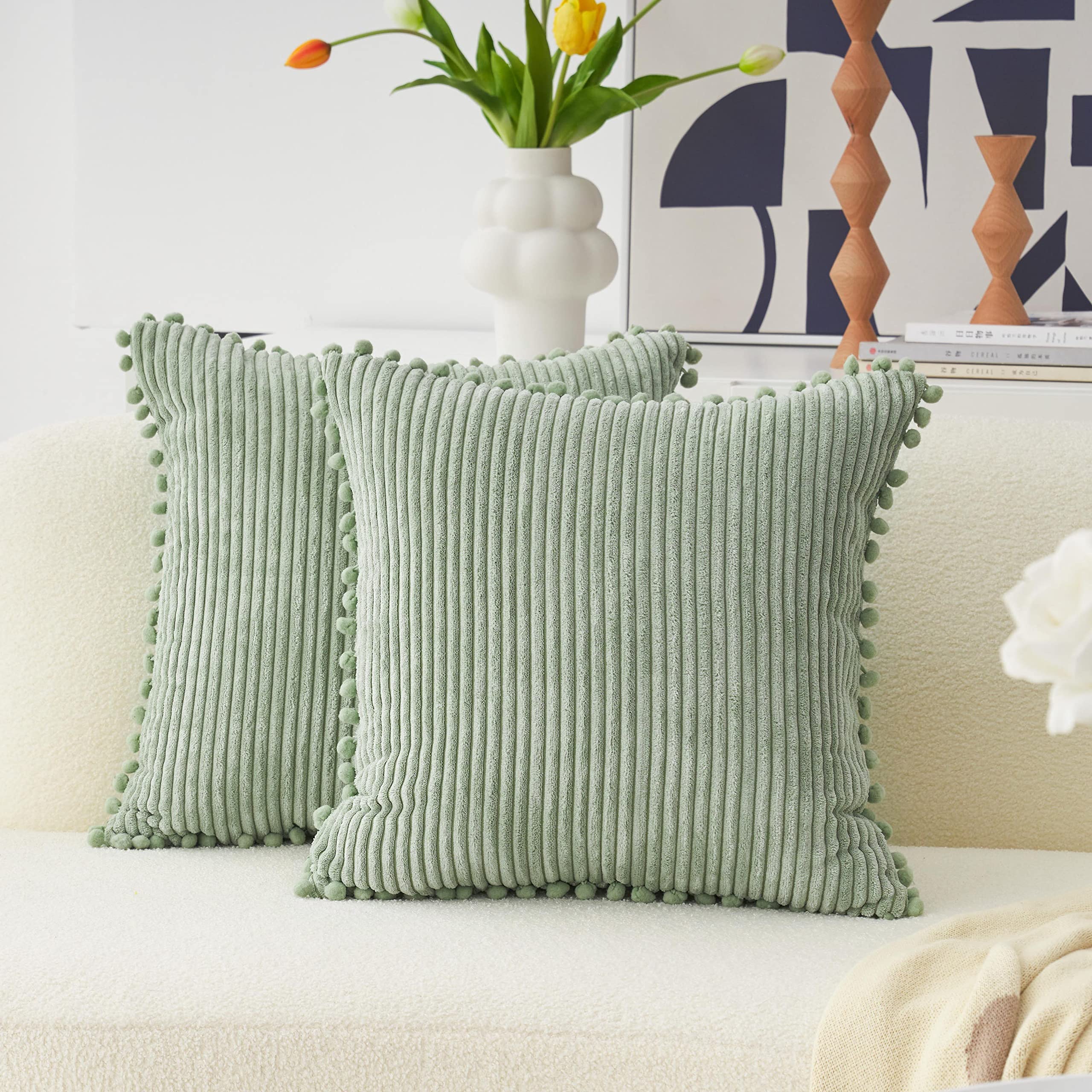 Home Brilliant Cushion Covers Green, Sage Green Cushion Covers 60cm x 60cm, Cute Large Corduroy Boho Cushion Cover with Pom Poms, 24 Inch, 2 Pcs, Sage Green — image 1