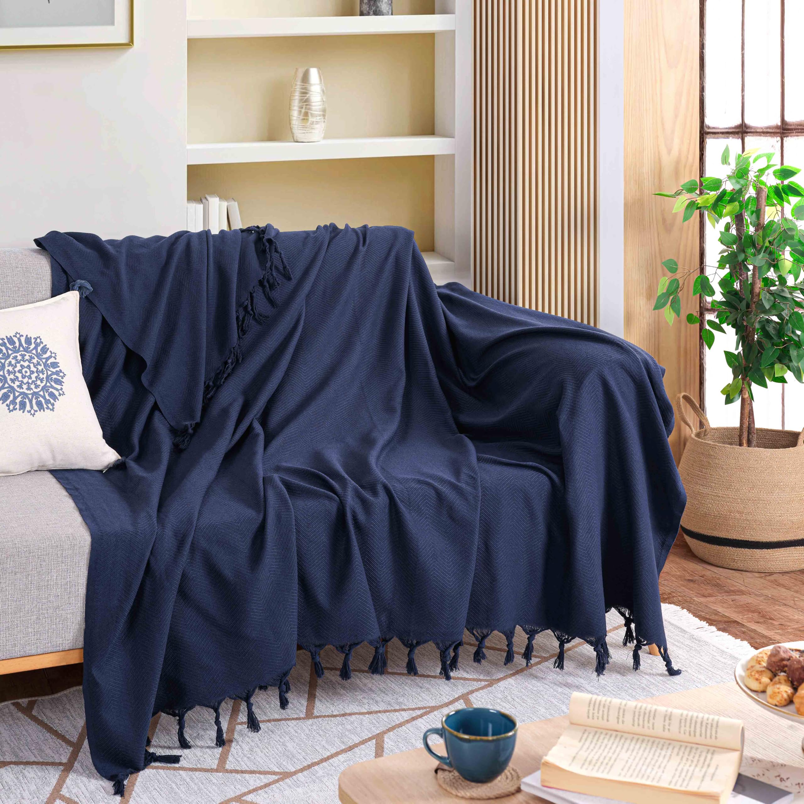 Milam London Cotton Throw For Sofas | Beds | Settees | Bed Throw Double Size | Sofa Throws Large 2 Seater | 200 x 230 cm Navy Blue