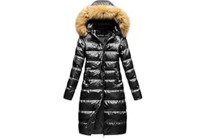 CREATMO US Women's Long Winter Faux Fur Coat Puffer Warm Jacket with Detachable Hood