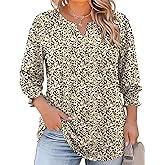 LOMON Womens Plus Size Tops 3/4 Length Sleeve Womens Tops Casual V Neck Loose Fit Blouses 1X-5X