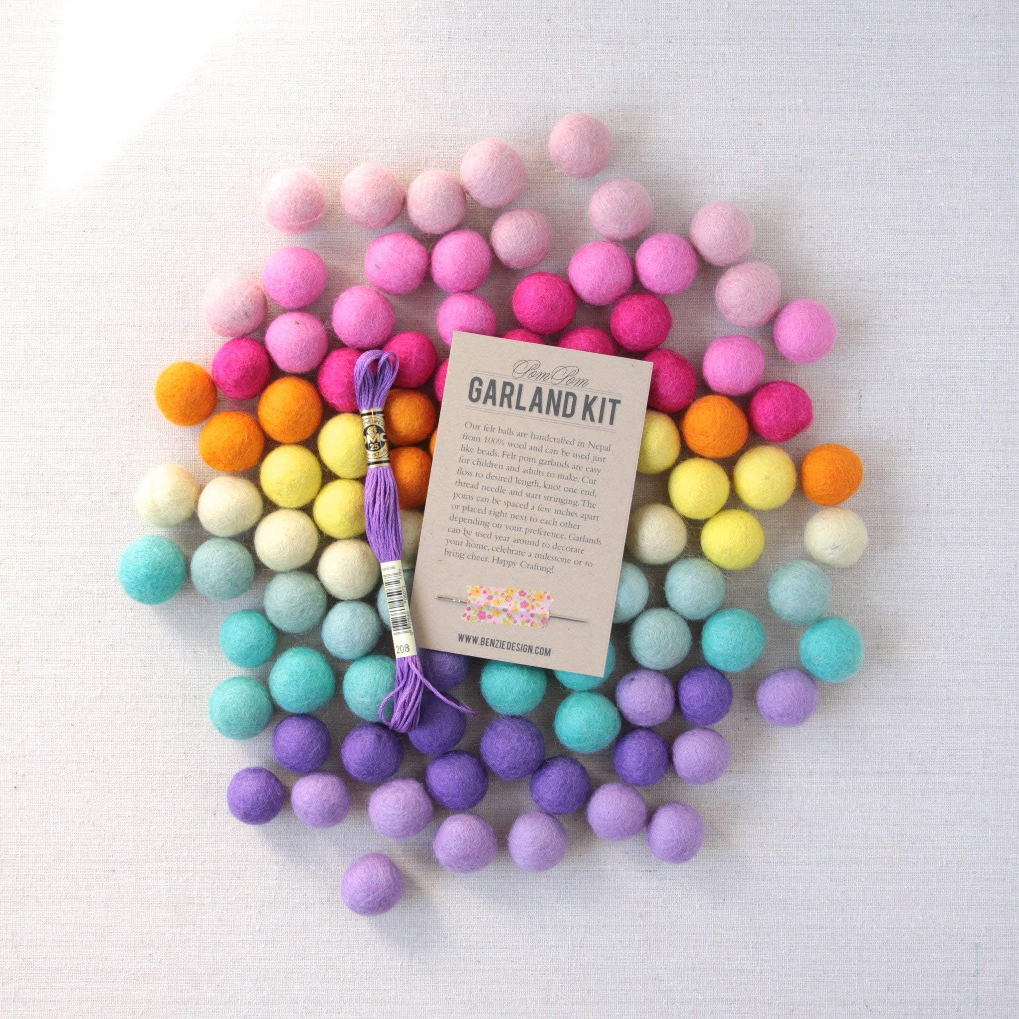 Felt Balls, Pot of Gold with Garland Kit, 10 Colors of Rainbow Hand-Felted Wool pom-poms (50 one inch poms)