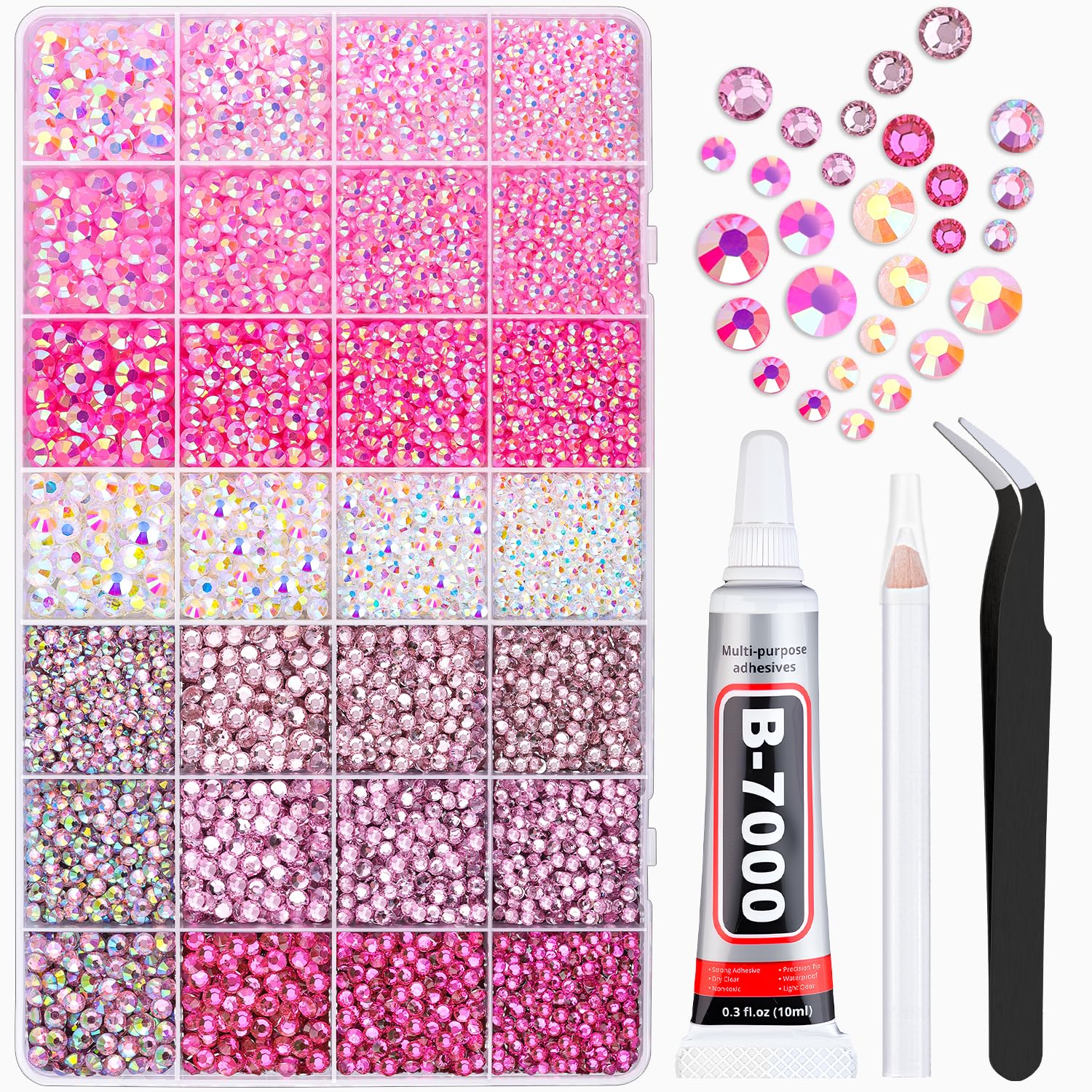 Photo 1 of 20000Pcs Pink Rhinestones for Bedazzling with 1Pcs B7000 Jewelry Glue, Resin Rhinestones for Crafting Crafts DIY, Bedazzler Kit Gems for Clothing Shoes Tumblers Nail Art Assorted Size 3/4/5/6mm