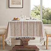 ZeeMart Hemstitched Striped Boho Table Cloth, 54x70 Inch Natural | Heavy Weight Linen, Embroidery Stripe, Tassel Edge, Farmhouse Rectangle Tablecloths, Wrinkle Resistant Washable Table Cloths