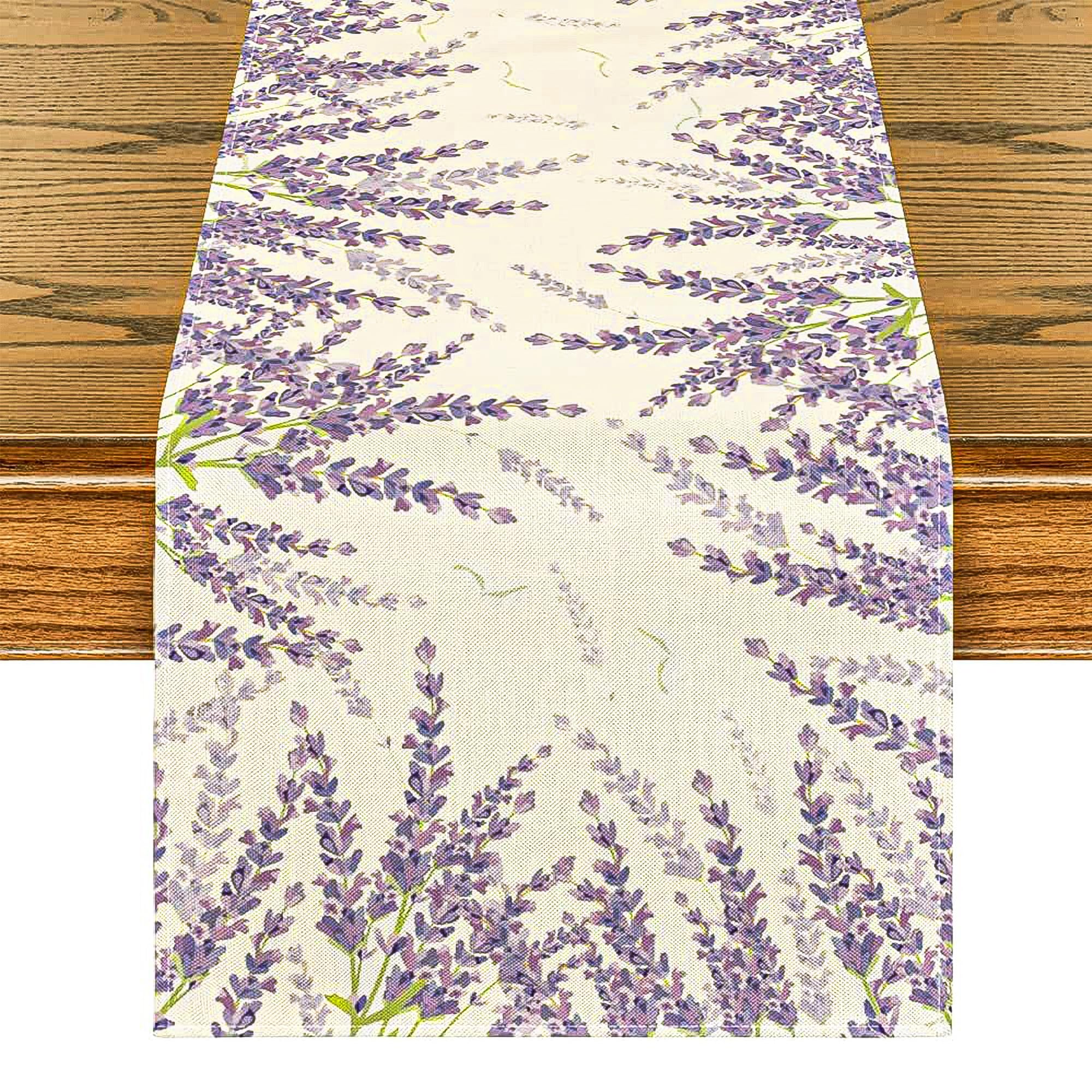 Photo 1 of Biiange Floral Table Runner, Lavender Spring Table Runner, Indoor Outdoor Dinner Party Decor, Floral Decorative Rustic Farmhouse Table Decoration for Kitchen Dinning (Lavender)