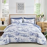 WONGS BEDDING Blue Queen Comforter Set, 7 Pieces Bed in a Bag French Toile Comforter with Sheets, Soft Lightweight Microfiber Botanical Complete Queen Size Bedding Set for All Season