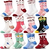 Welwoos Baby Girls Toddlers Grips Socks 12 Pairs Kids Anti Slip Non Skid Animal Funny Cartoon Crew Breathable Cotton Socks