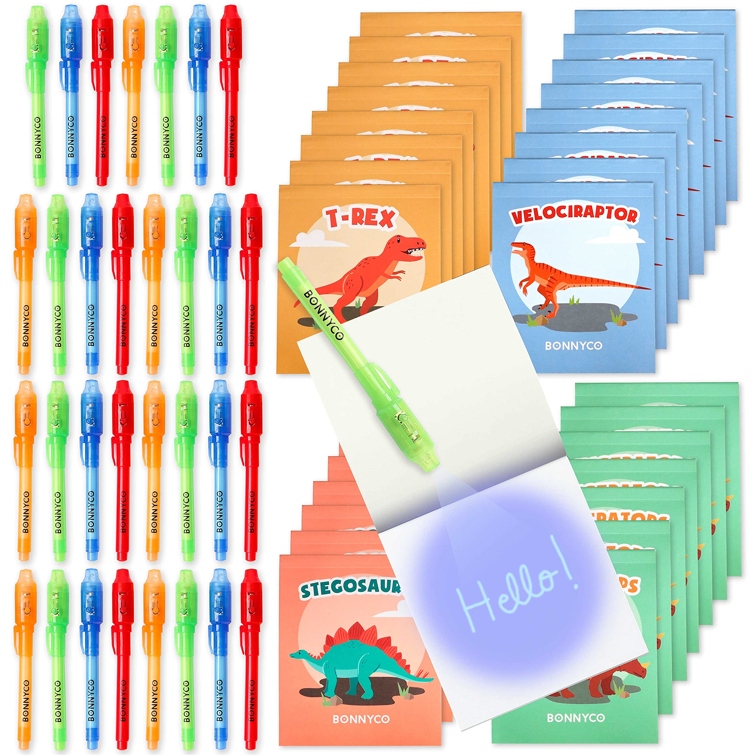 BONNYCO Invisible Ink Pen and Notebook, Pack 32 Dinos Party Bags Filler and Pinata Toys. Dinosaurs Birthday Decorations, Stocking Fillers for Kids Birthday. School Prizes, Gifts for Children