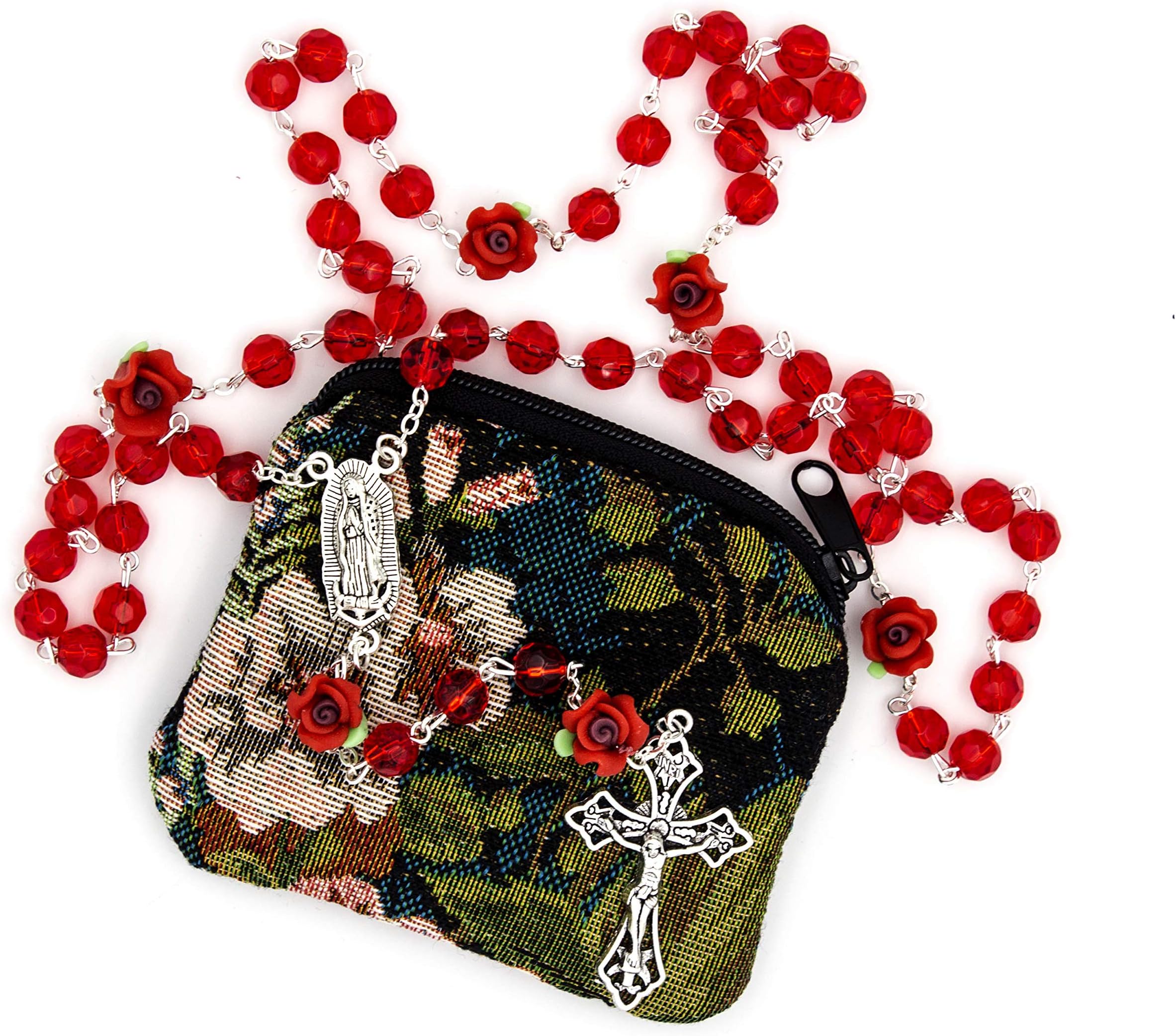 Our Lady of Guadalupe Red Rose Rosary Gift Set. Includes Our Lady of Guadalupe 8mm red Bead Rosary with Unique Rosebud Beads and Beautiful Matching 4 x 3-1/4" H Tapestry Rosary Bag