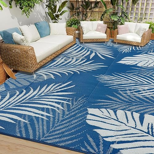 Cekene Large Outdoor Rugs for Garden Waterproof 270x365cm Reversible Plastic Garden Rug UV Resistant Outdoor Area Floor Mat for Outside BBQ Deck Balcony Porch Grass Blue