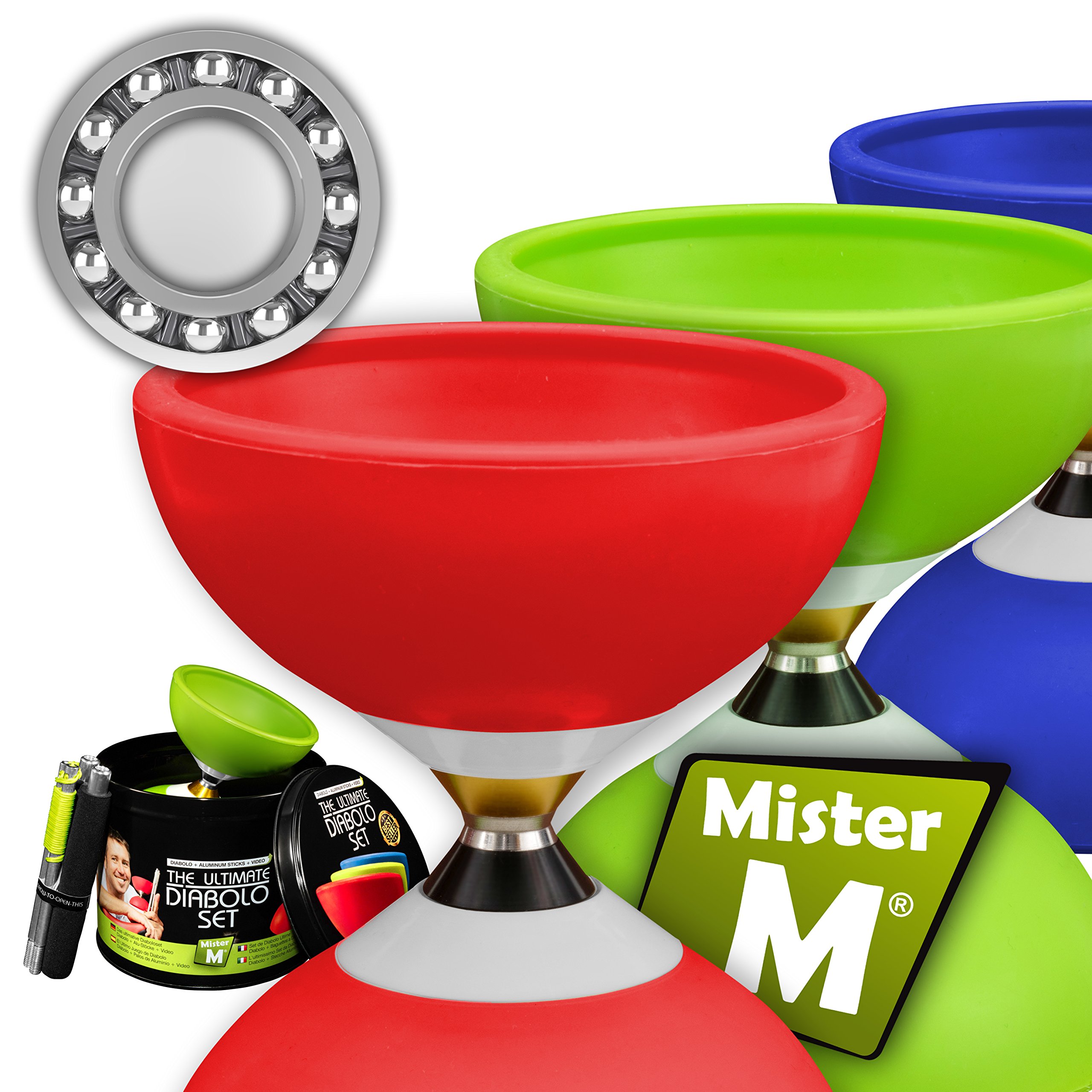 Mister M | Diabolo juggling set | Red diabolo with triple bearing axle | Collapsible aluminum sticks | With replacement string and tin can gift box | Incl. app and video tutorials.