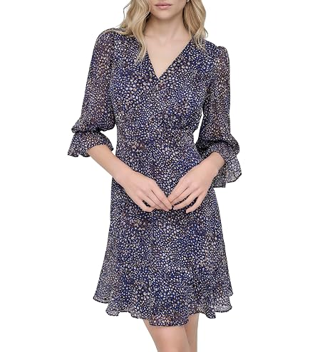 DKNY Womens Short Sleeve Puff Tie Waist Dress, Cream/Blue, 2 US at Amazon Women's Clothing store