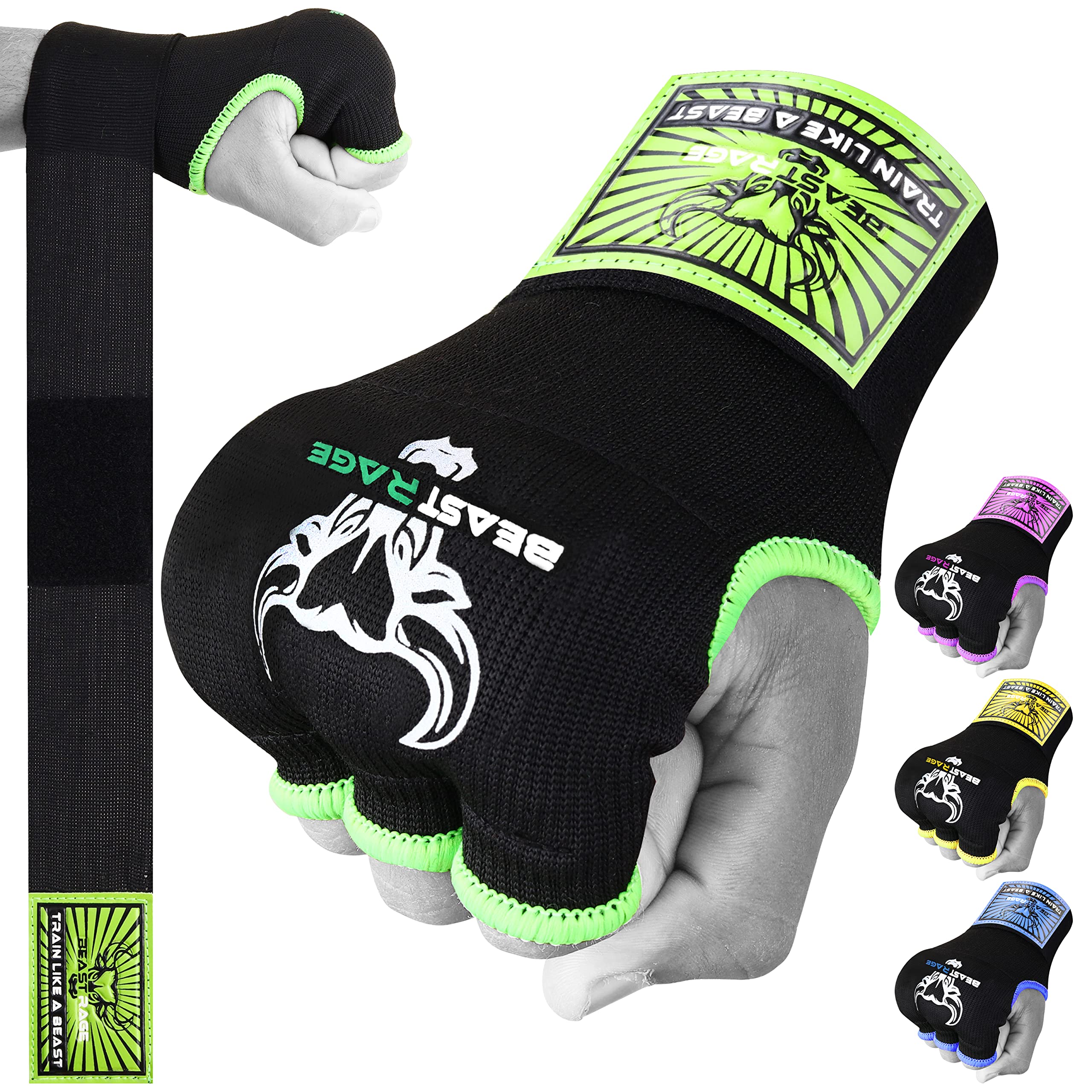 BEAST RAGE Boxing Wraps Hand Gel Gloves MMA 75cm Long Wrap Padded Elasticated Quick Boxing Punching Bag Training Muay Thai Hand Wraps UFC Bandages For Mens Ladies kids (L (Adult), Green)