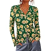 BTFBM Button Down Shirts for Women 2026 Spring Boho Tops V Neck Long Sleeve Blouses Ruched Mesh Fitted Fall Fashion