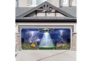 ZTHMOE 1PC 16x7ft UFO Alien Garage Door Banner Decorations Flying Saucer Science Photography Backdrop Spaceship Halloween Home Outdoor Wall Cover Scary Party Supplies