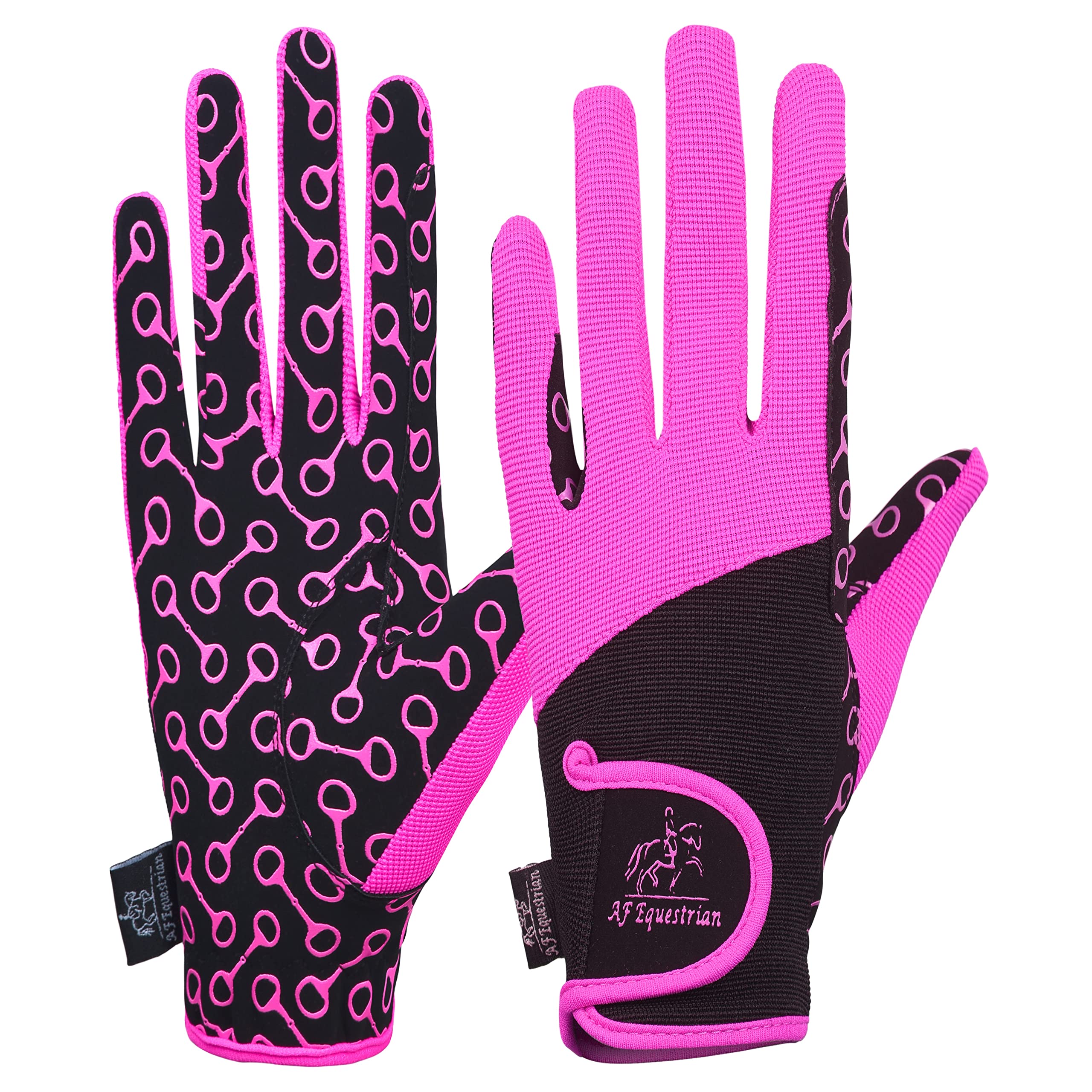 AF EQUESTRIAN Ladies Horse Riding Gloves Track Fabric Gloves Synthetic Leather Equestrian Black Stretch Fabric Silicone Printed Palms (Pink, Small)