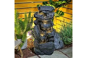 SERBILHOME 5-Tiered Rock Water Fountain Outdoor Garden - 31.5”Waterfall Fountain Outdoor Water Fountain with Light Cascading Waterfall for Patio,Garden,Grey,Resin Fountain