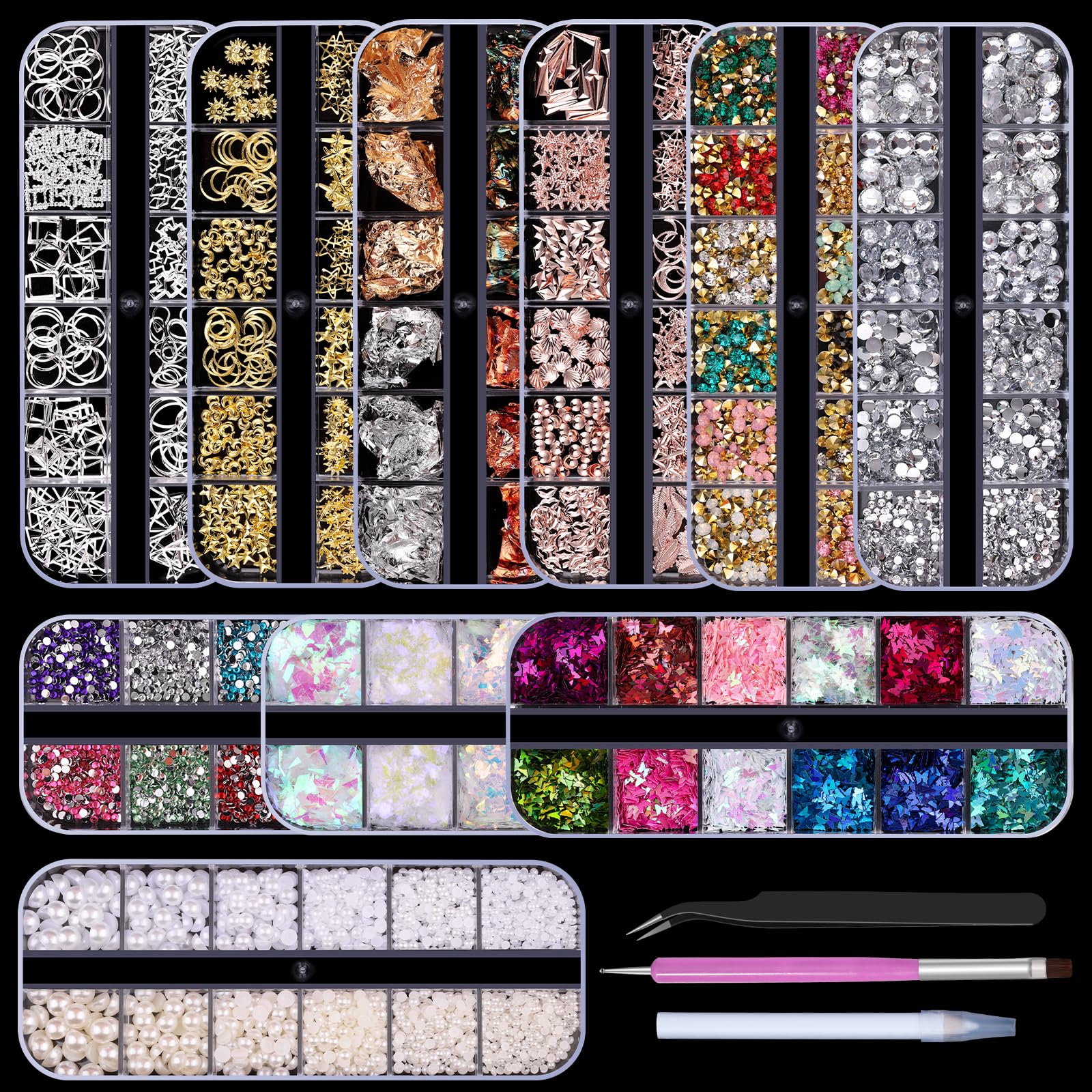 Photo 1 of 10 Boxes Nail Art Kit, Colorful Glass Nail Rhinestones, 2-6mm White Flatback Pearls, 3D Gold Studs Holographic Foil Flakes and Iridescent Glitter Sequins with Tweezers Brush