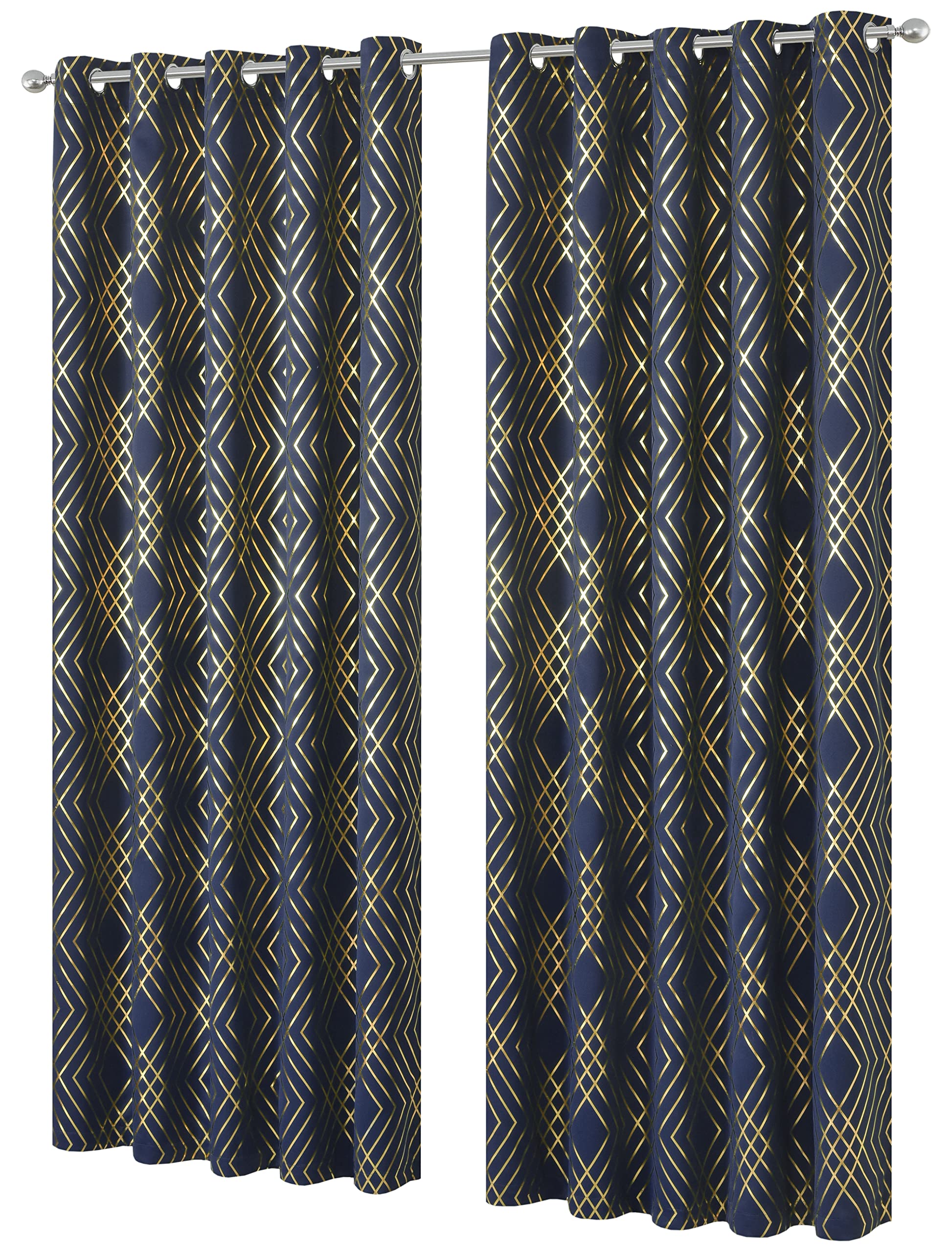 Olivia Rocco Geo Blackout Eyelet Curtains Metallic Printed Thermal Insulated Ring Top Black Out Curtain Pair Room Darkening Window Treatment For Living And Bedroom, Navy 55 x 90