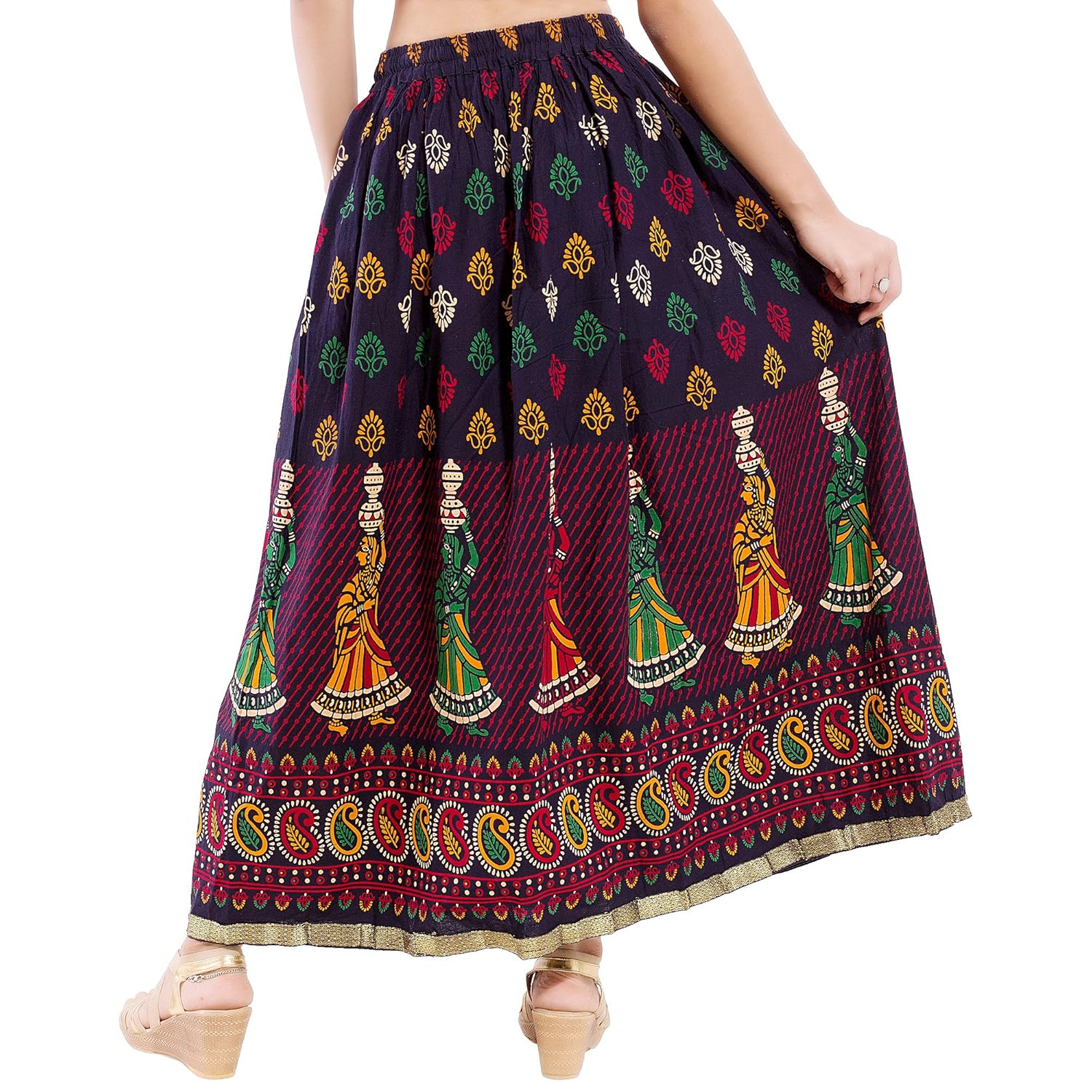 jaipuri rajasthani cotton multi colour block print straigh long skirt for women