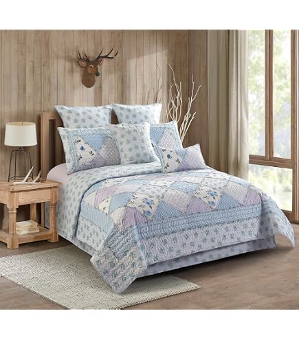 Amazon.com: VHC Brands Denim Blue Ninepatch Star Queen Quilt Set
