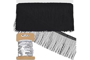 Swpeet 5 Yard × 4 Inch Black Fringe with Sequin Trim, Fabric Fringe, Chainette Trim, Tassel, Sewing Fringe Trim for Clothes A