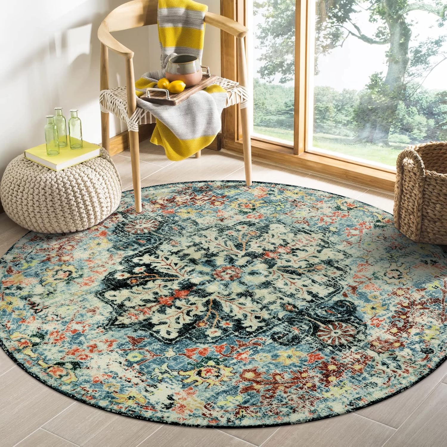 Rugs, Pads & Protectors - Lahome Bohemian Floral Medallion Round Rug - 4Ft Entryway Round Area Rug Soft Bathroom Circle Mat, Teal Turkish Non Slip Machine Washable Indoor Accent Carpet for Bedroom Kitchen Coffee Table