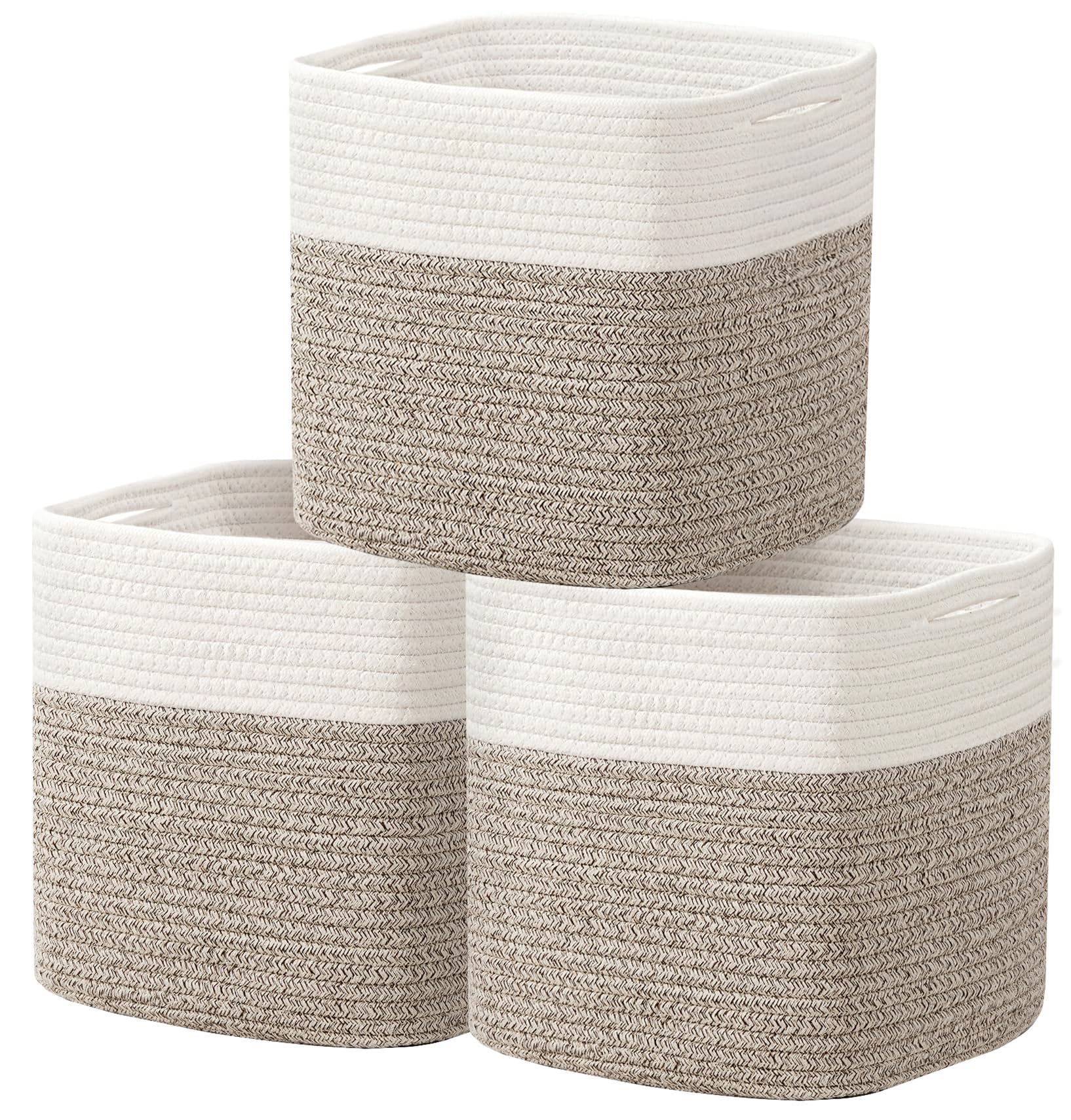 Photo 1 of UBBCARE Storage Cubes, 11 X 11 X 11 inch Cube Storage Bins for Organizing, 3 Pack Cotton Rope Baskets with Handles, Storage Baskets for Shelves, Closet, Toy Bins-Brown & White