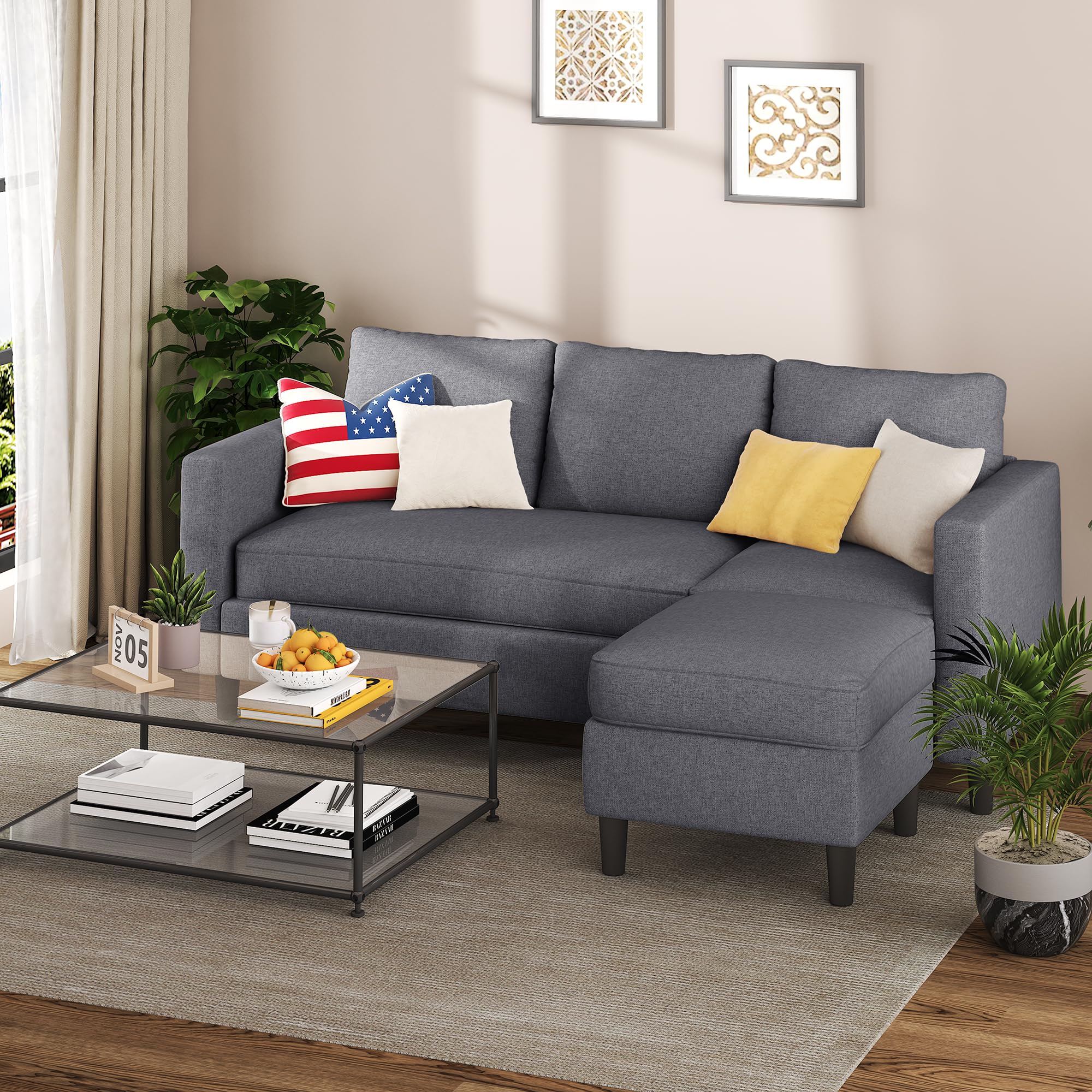 Photo 1 of Shintenchi Small Sectional Couch Sofas, 3 Seat L Shape Sofa with Ottoman, Fabric Upholstered Convertible Sofa Couches, Small Couch for Apartments, Living Room and Office (Dark Grey)