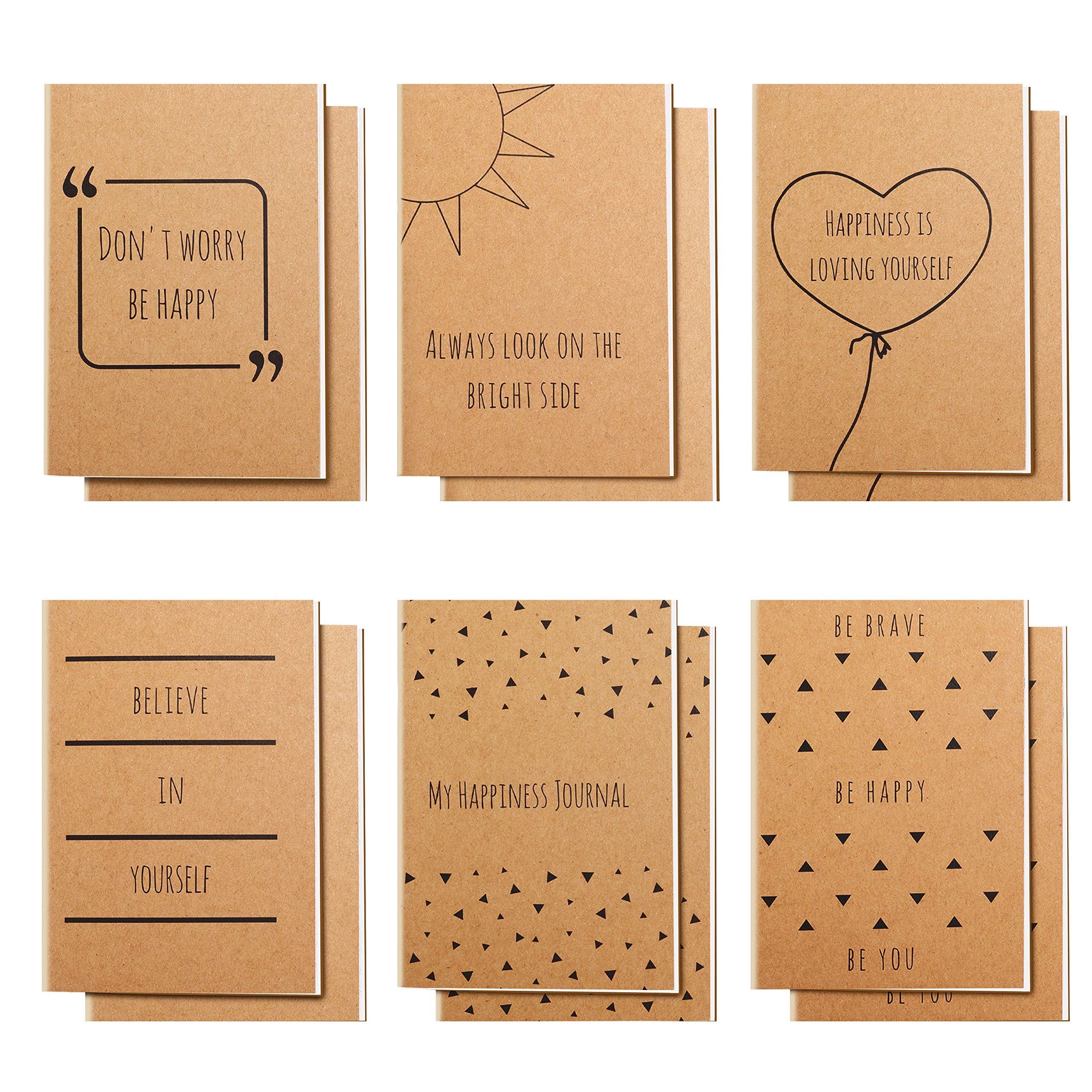 BELLE VOUS 12 Pack A6 Brown Kraft Notebook - Journal Notepads 6 designs - 10.5 x 14.8cm - 80 Pages Lined Inspirational Notepads - Happy Themed Small Pocket Notebooks for School, Office & Travel Gifts