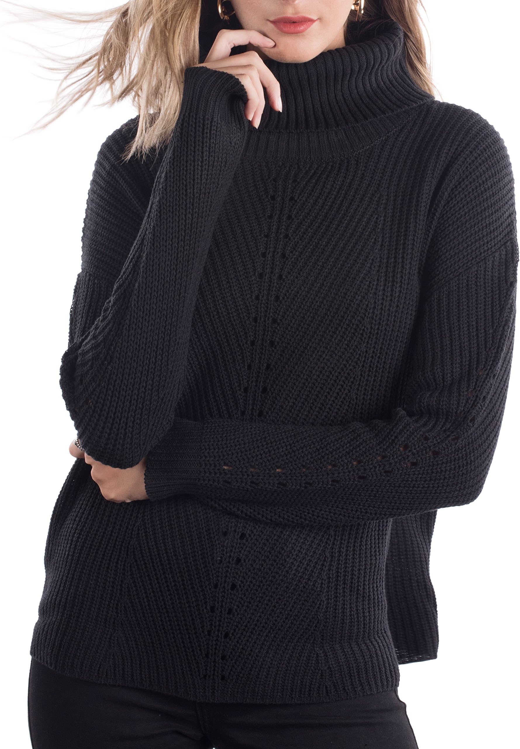 Junior Ladies Cowl Neck Sweater, Womens Pointelle Design Pullover Top
