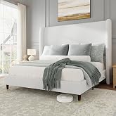 Jocisland Bed Frame Queen Size Tall Wingback Headboard Upholstered, White | Linen Tufted platform bed,Modern Style,Solid Wood Legs,Easy Assembly 30mins,No Box Spring Needed,for Couples &amp; Guest Room