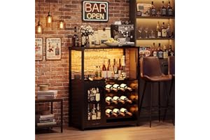 IDEALHOUSE Wine Bar Rack Cabinet with Light, Adjustable Shelves Coffee Bar Cabinet with Mesh Door and Baffle Design, 36 in Ta