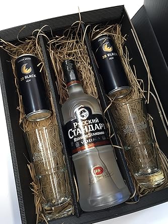 Russian Standard Vodka Set / Geschenkset -Russian Standard Vodka 700ml (40% Vol) + 2x Gläser + 2x 28 Black Acai 250ml