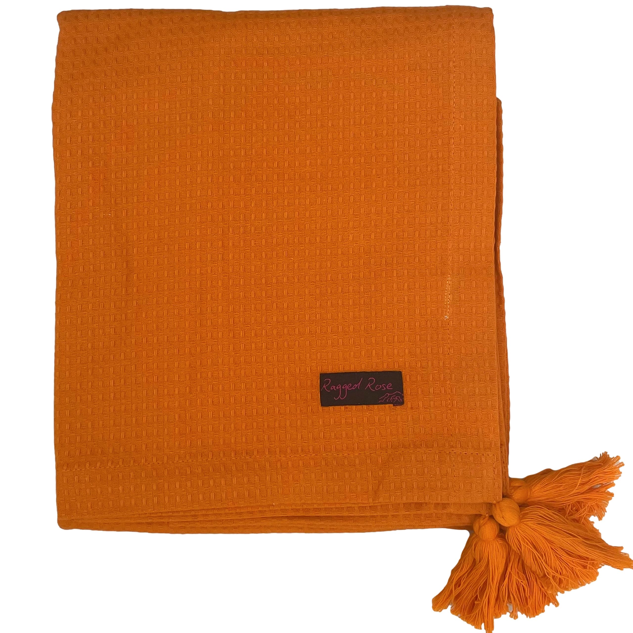 Ragged Rose 140 cm x 180 cm Waffle Throw - Versatile Indoor & Outdoor Throw Waffle Weave Cotton with Corner Tassles - Cotton Throws for Sofa & Bed (Orange)