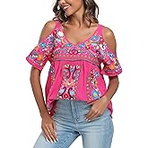 YZXDORWJ Women's Mexican Tops Cold Shoulder V Neck Sexy Blouse Short Sleeve Shirts Embroidered Floral Tunic