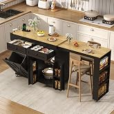 81.6"-51" Extendable Rolling Kitchen Island with Extended Dining Table &amp; Power Outlet, Mobile Kitchen Storage Islands with Trash Cabinet, Large Islands Cart with Storage and 2 Seatings, Black