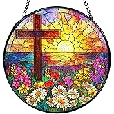 TNUW Cross Flower Stained Glass Window Hanging, Christian Wildflower Sunset Landscape Sun Catchers Indoor Window Glass Round Wall Art Decor, Religious Wall Hanging Decorations, 7.9"x7.9"