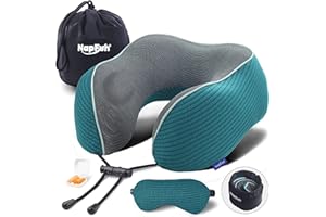 napfun Neck Pillow for Traveling, Upgraded Travel Neck Pillow for Airplane 100% Pure Memory Foam Travel Pillow for Flight Headrest Sleep, Portable Plane Accessories, Teal Set, Medium (120-200LB)