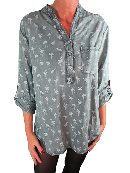 Damen Bluse Reine Baumwolle Vintage-Look Langarm Tunika Shirt Fischerhemd Batik Flamingo-Muster Loose-Fit