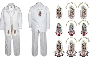 Unotux Baby Boy Communion Formal White Paisley Suit Gold Guadalupe Stole & Back SM-20