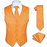 HISDERN Vest for Men Paisley Floral Orange Suit Vest Necktie and Pocket Square 3PC Formal Tuxedo Jacquard Waistcoat for Wedding Party
