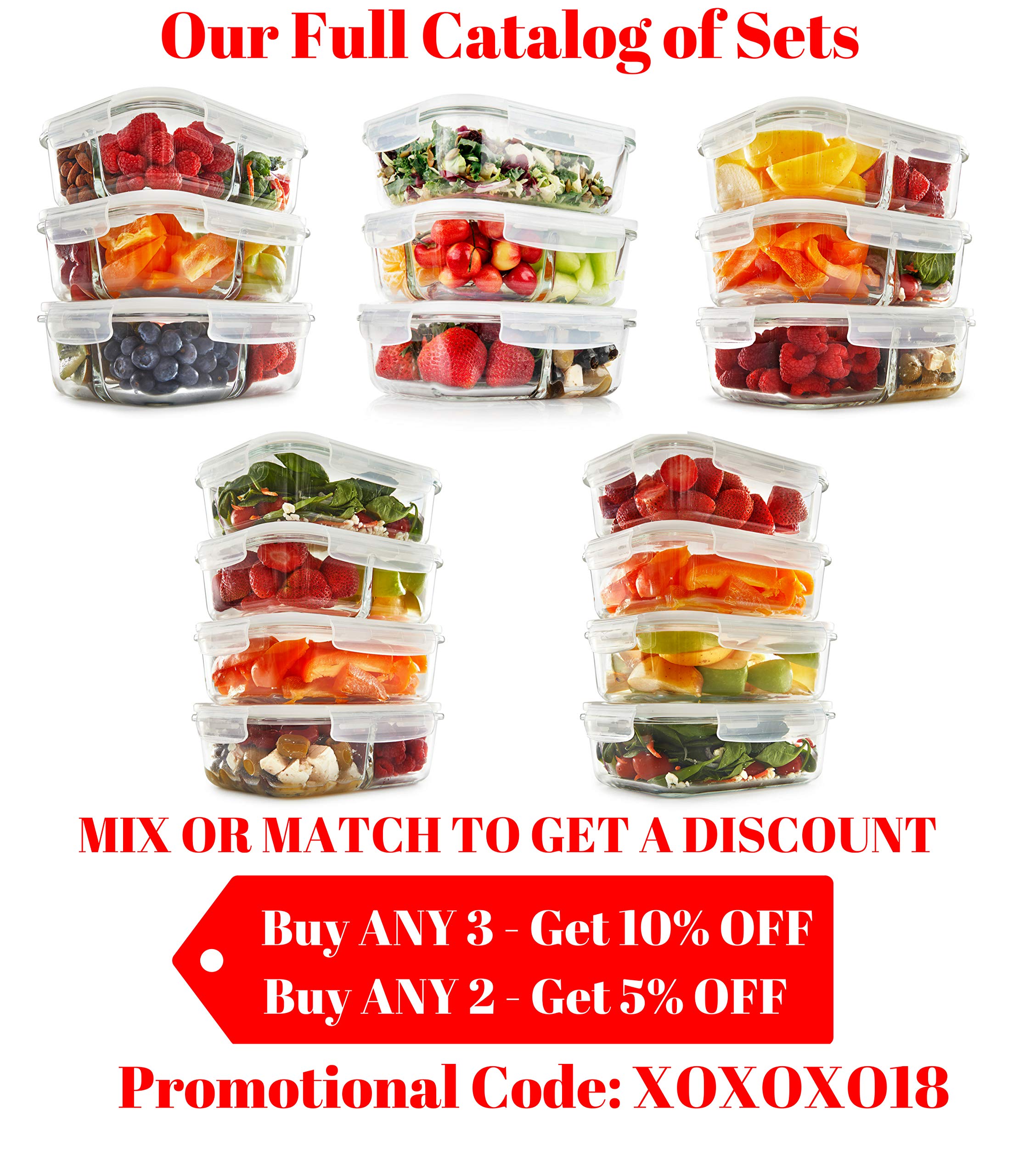 1, 2, 3 Compartment Glass Meal Prep Containers (3 Pack, 1000 ML)