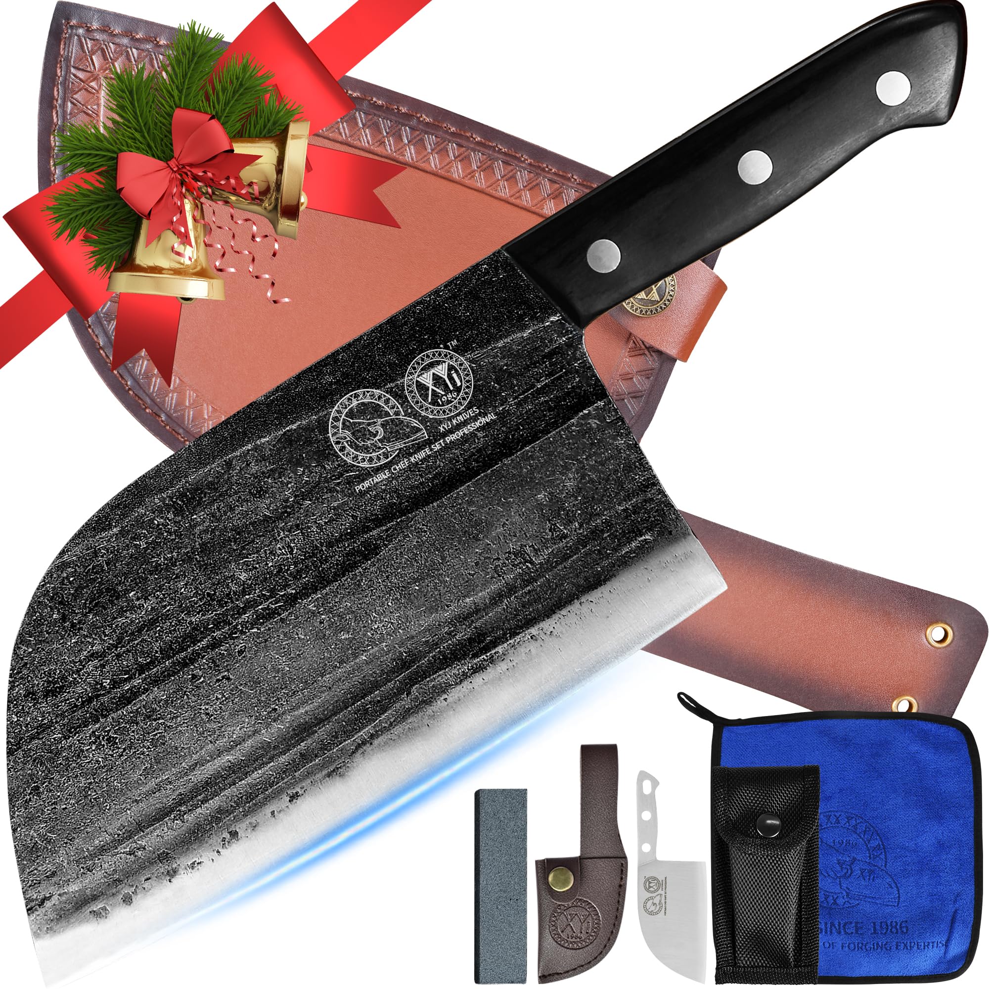 XYJ Authentic Since 1986,Outstanding Ancient Forging, 7.5 Inch Full Tang, Serbian Chefs knife,Chef Meat Cleaver,Kitchen Knives,Set with Leather Sheath,Take Carrying,Butcher Image