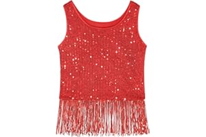 Noomelfish Girls Sequin Fringe Crop Tops Tassel Sparkly Glitter Dance Sleeveless Tank Shirt (5-12 Years)