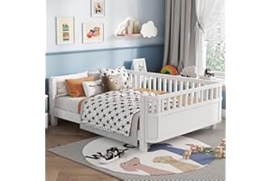 OYUMOENTS Full Size Kids Bed Frame, Low Profile Montessori Bed Full with Rails, Wood Daybed for Girls & Boys, No Spring Box Required, No Squeaks, White