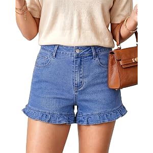 GRAPENT Jean Shorts Womens High Waisted Ruffle Trendy Stretchy Denim Jorts | High Waisted, Stretchy Denim, 4" Inseam, Ruffled