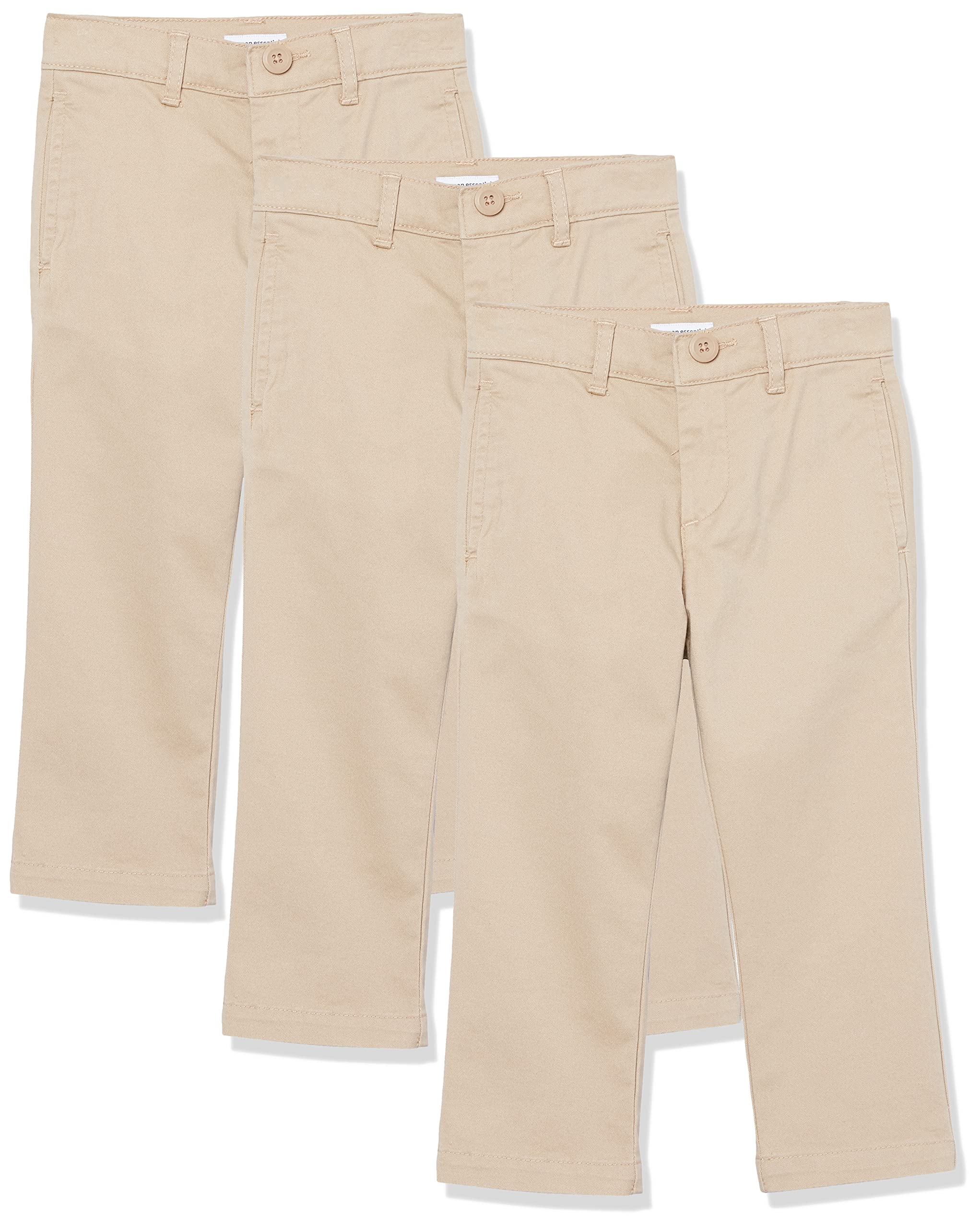 Amazon Essentials Boys' Uniform Straight-Fit Flat-Front Chino Khaki Pants, Pack of 3, Light Khaki Brown, 12 Plus Image