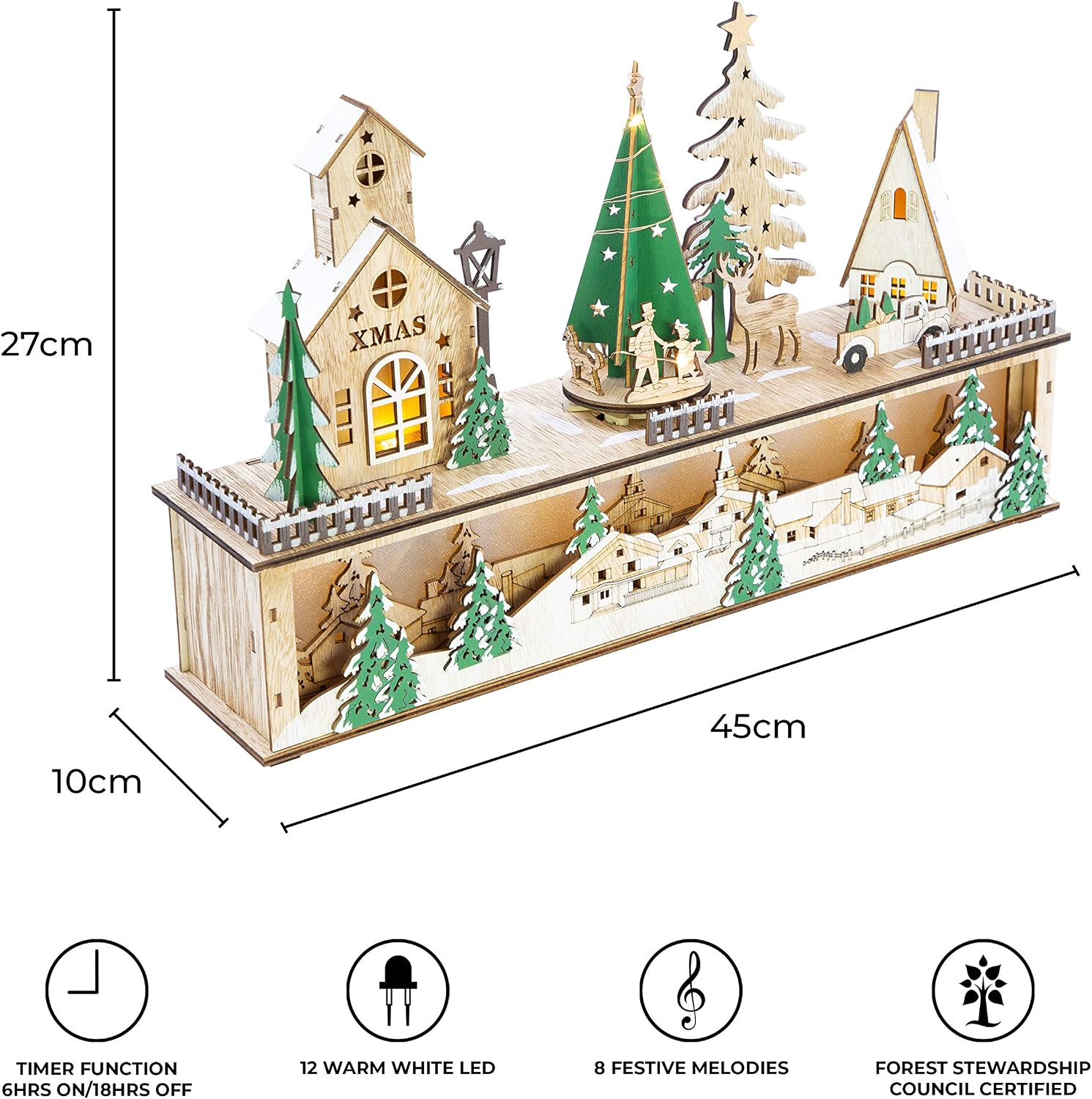 The Christmas Workshop Light Up Wooden Festive Scenes/Indoor Christmas Decorations/Warm White LEDs/Hand Crafted (Musical Christmas Scene) - Image 5